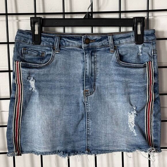 Angel Kiss Dresses & Skirts - Angel Kiss Jean Skirt‎ Womens L Blue Side Stripe Raw Hem Stretch Festival